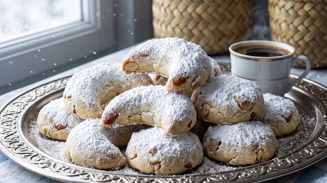 Greek Kourabiedes Butter Almond Cookies with Greek Coffee