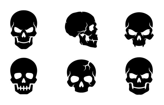 Set of Six Black Skull Icons, Vector Graphics, Dark, Menacing, Halloween, Horror Elements