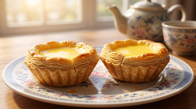 Freshly Baked Hong Kong Egg Tarts on Ceramic Plate