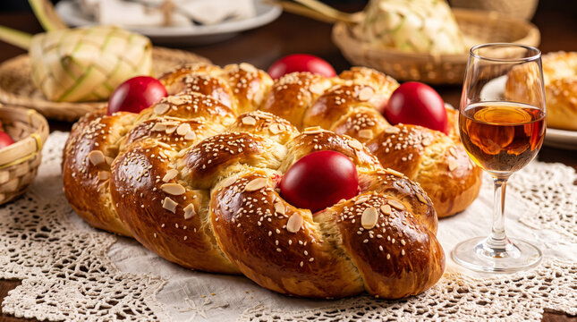Greek Tsoureki Braided Easter Bread with Red Boiled Eggs