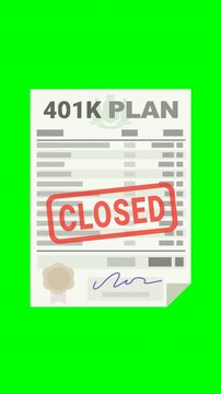 Animated 401K retirement plan document appearing with a red closed stamp symbolizing pension cancellation and financial loss. Chroma key green screen with alpha channel.