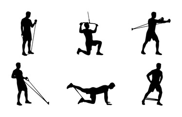 Naklejka premium Resistance Band Workout Silhouettes: 6 Fitness Exercises, Strength Training, Bodybuilding Poses