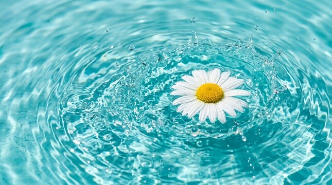 Single white daisy floating peacefully on vibrant blue water waves.