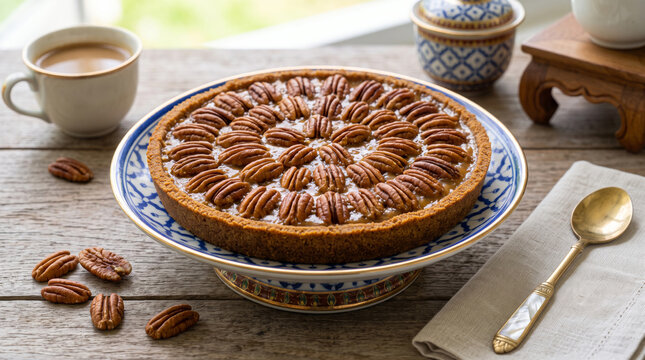 Southern Pecan Pie with Toasted Pecans and Hot Coffee