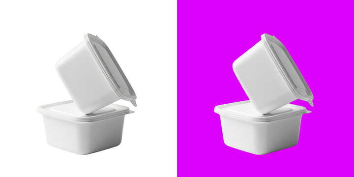 Two white plastic food containers stacked on top of each other for takeout or storage of fresh meal portions