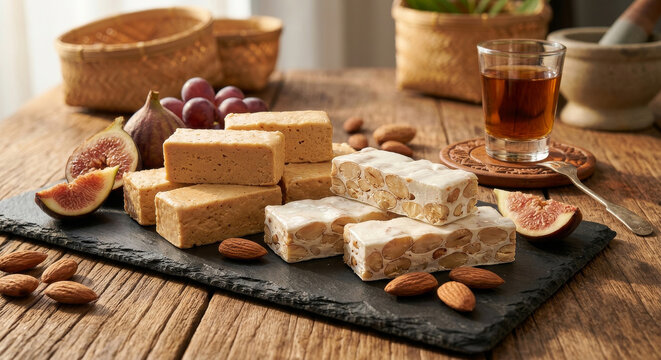 Spanish Almond Turron Nougat Blocks with Dessert Wine