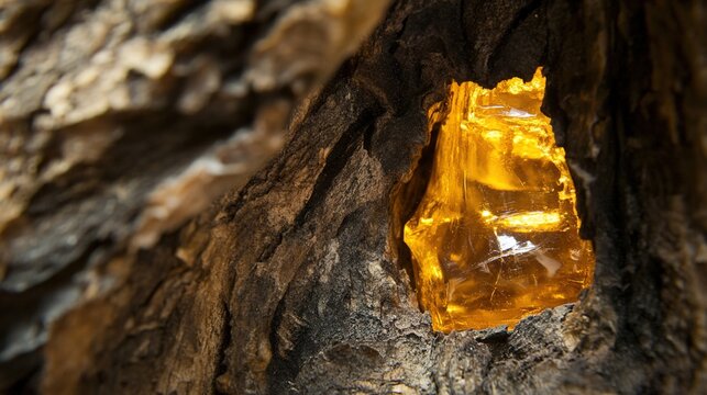 copal. Golden amber copal resin trapped in tree bark containing a preserved insect. gardening catalogs, home-decor guides, designed for home decor and floral branding, used by nutritionists.