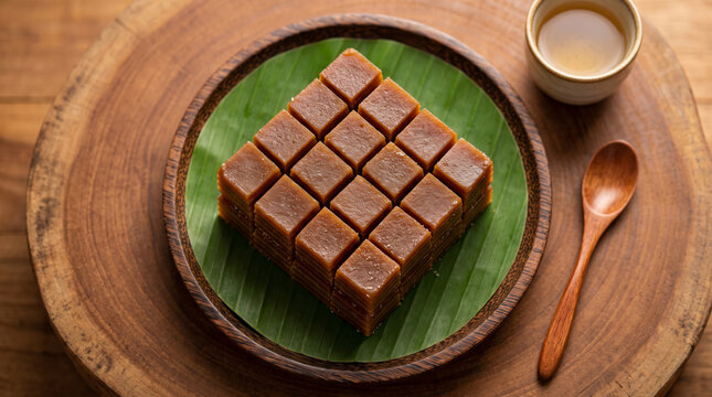 Stacked Palm Sugar Rice Cake Jelly Cubes on Wooden Tray