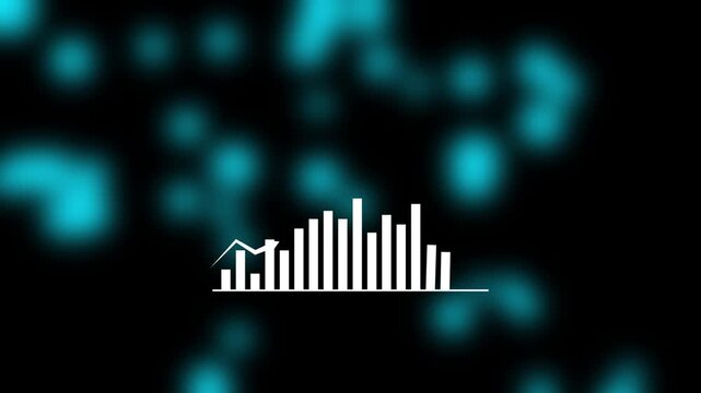 animated rising bar chart icon with glowing upward arrow on black background for financial growth, business success and data analytics