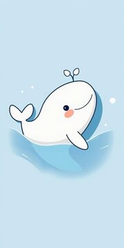 Cute white whale swimming in gentle blue waves