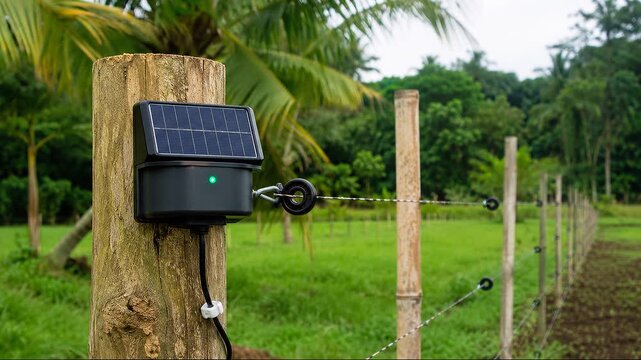 Compact solar powered fence voltage indicator attached to livestock fence, rural safety and low energy farm management