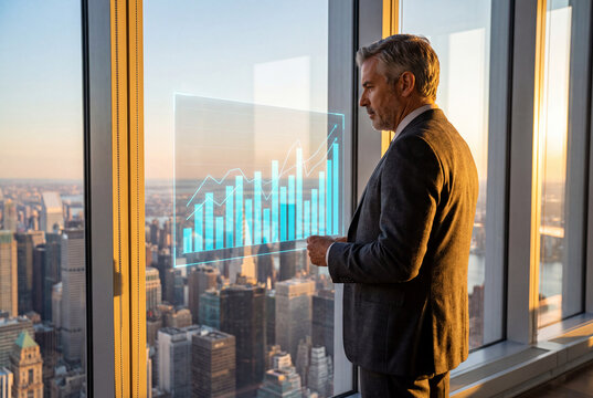 Ejecutivo observando gr&aacute;ficos financieros hologr&aacute;ficos con vista panor&aacute;mica de la ciudad