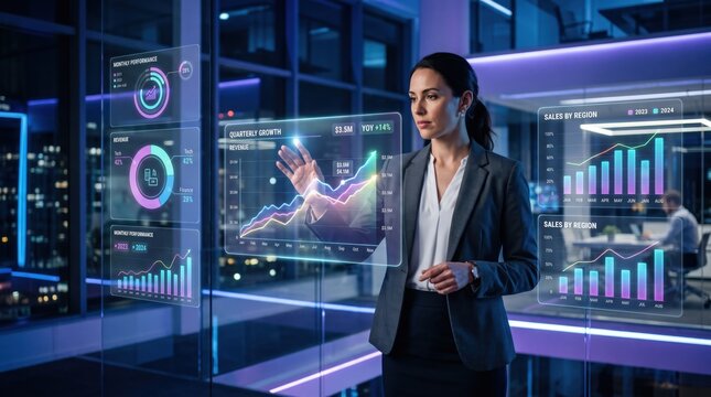 Professional businesswoman analyzing holographic financial charts in modern office, corporate growth strategy meeting, quarterly revenue report presentation, future technology