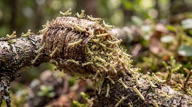 Praying mantis nymphs hatching from ootheca, baby mantis insects emerging from egg case on tree branch, macro nature photography