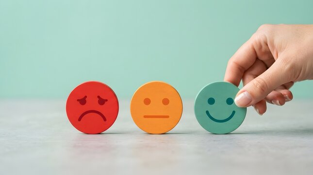 A hand selecting a happy face icon from a row of emotions to represent positive mindset and support for world mental health day awareness campaign