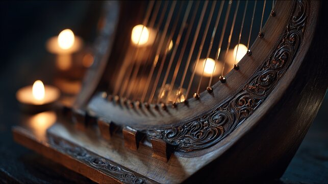 lyre. Ornate small lyre harp with carved details, strings glinting in warm light. lifestyle magazines, social media lookbooks, designed for influencer and brand collaborations.