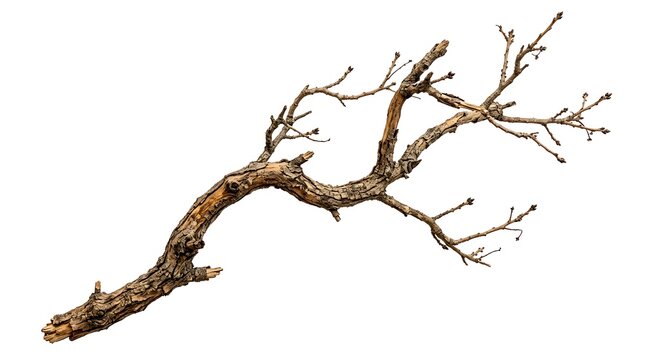 Curved bare tree branch isolated on white background.