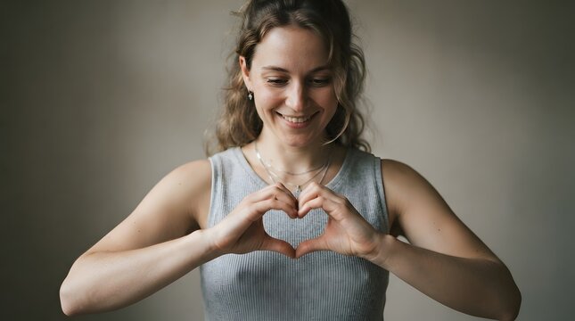 A young woman smiling and making a heart shape with her hands to show support and love during the annual observance of world mental health day
