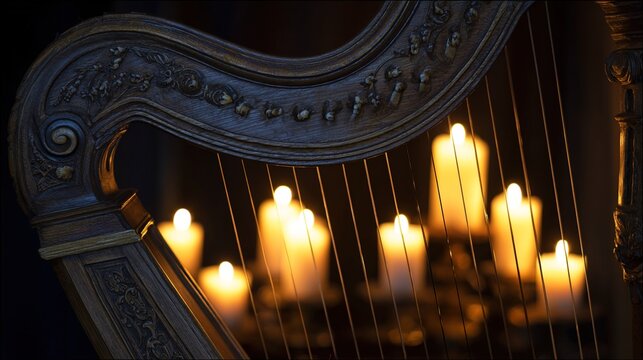 lyre. Ornate small lyre harp with carved details, strings glinting in warm light. lifestyle magazines, social media lookbooks, designed for influencer and brand collaborations.