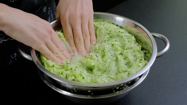 Hands mixing grated zucchini with seasoning in a metal pot on a dark countertop during cooking, overhead medium close-up, indoor kitchen scene.