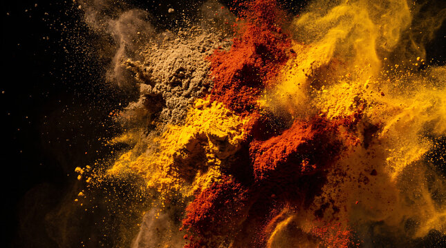 Colorful ground spices exploding in mid-air