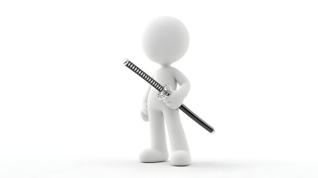 Minimalist white 3D stick figure holding a sleek Japanese katana in a ready stance, isolated on a clean white background.