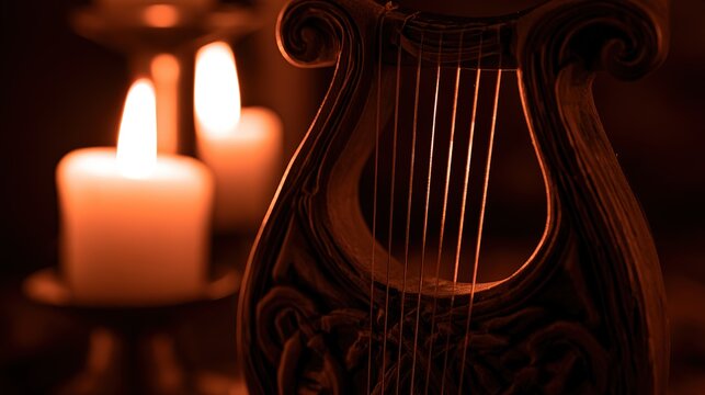 lyre. Ornate small lyre harp with carved details, strings glinting in warm light. lifestyle magazines, social media lookbooks, designed for influencer and brand collaborations.