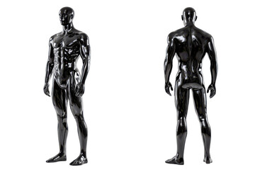 Fototapeta premium Glossy black male mannequin standing front and back with studio lighting concept, isolated on transparent background