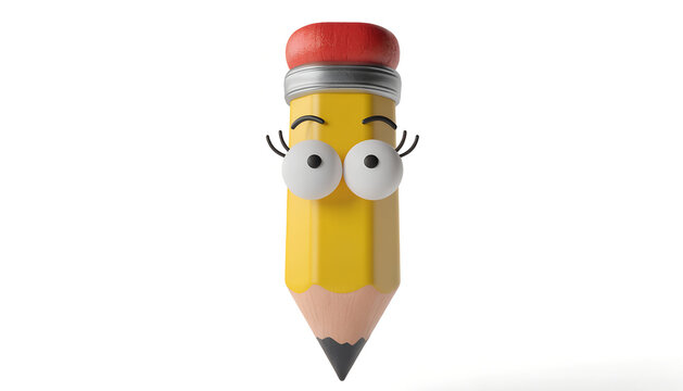 Cute yellow pencil character with eyes. Funny cartoon stationery mascot on white background.