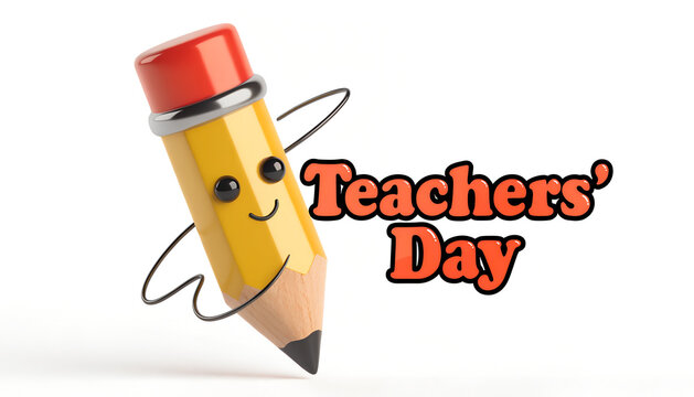 Cute yellow pencil character for Teachers Day. Cartoon stationery mascot for school event.