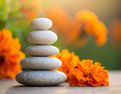Smooth stones stacked atop each other in a meditative tower, framed by orange flowers