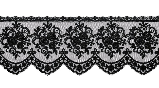 Elegant Black Lace Trim Fabric with Floral Pattern.