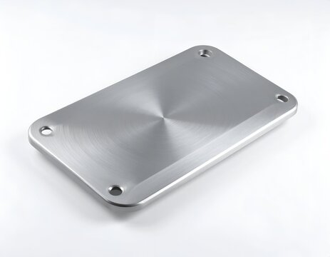 A rectangular, polished metal plate with rounded edges and four holes. White background