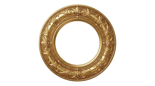 Elegant ornate round gold picture frame isolated on white background.