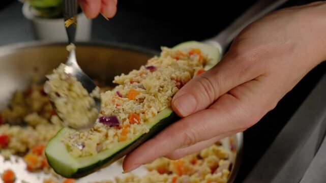 A person's hands fill lengthwise-cut zucchini boats with breadcrumb and vegetable stuffing in a metal skillet in a Cooking kitchen.