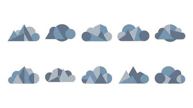 Geometric blue mountain and cloud icon set.