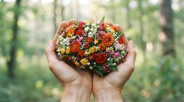 Hands holding a colorful heart shaped bouquet of wild flowers in a forest setting representing hope and healing for world mental health day awareness campaign