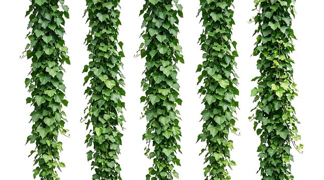 Five hanging ivy vine plants isolated on white background.