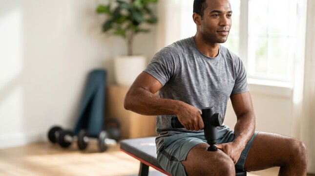 Male using electric massager on thigh while seated on exercise bench in bright indoor space with dumbbells and plant in background