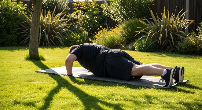 Man Performing Push-Up Exercise on Yoga Mat in Lush Green Garden Bathed in Sunlight During Early Morning
