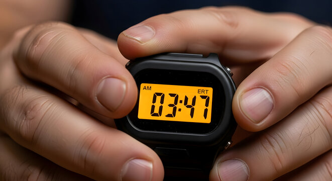 Close-Up of Hands Holding a Digital Stopwatch Displaying Countdown Timer with Orange Screen Showing Three Minutes and Forty-Seven Seconds