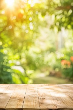 Empty Wooden Table with Blurred Green Garden Background and Sunlight.