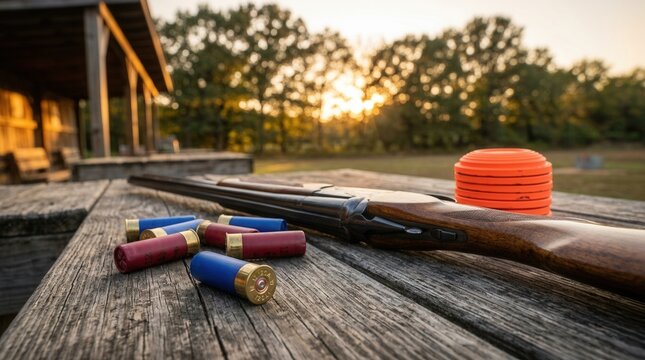 Shotgun and colorful shells sit on a wooden table at a shooting range with orange clay targets.