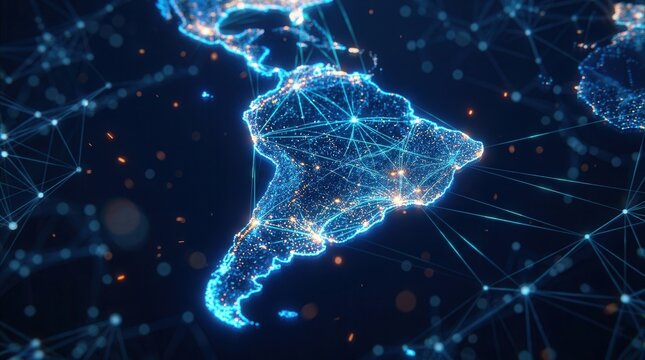 Digital map of South America featuring a global network connection with glowing blue and orange lights.