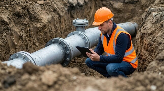 Man in hard hat and vest inspects large pipe in trench with tablet