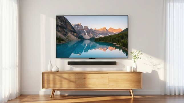 Smart TV connected to sound bar in a modern living room with a stylish wooden TV stand and minimalist interior.