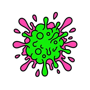 Illustration of a cartoon virus with pink splashes against a white background