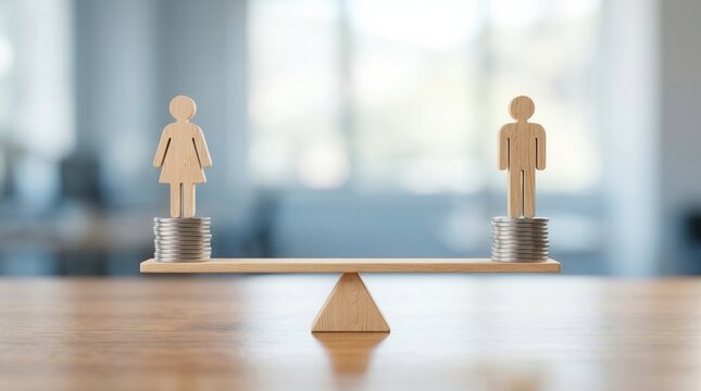 Wooden figures of a woman and man on balanced scales representing pay equity and wage fairness.