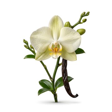Beautiful light green vanilla orchid flower with a dark bean pod and green leaves