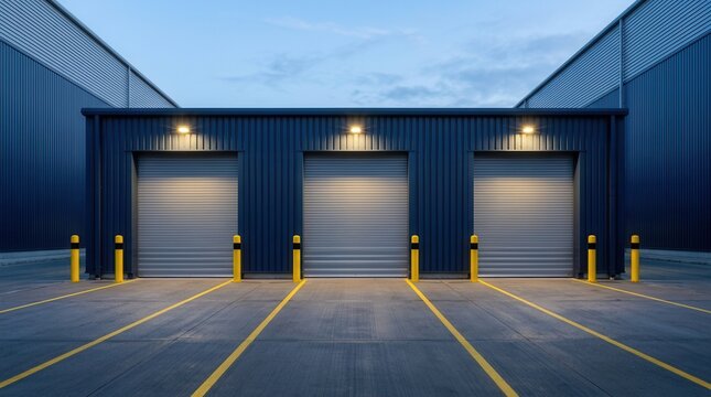 Three industrial loading docks with security posts at a distribution center building.